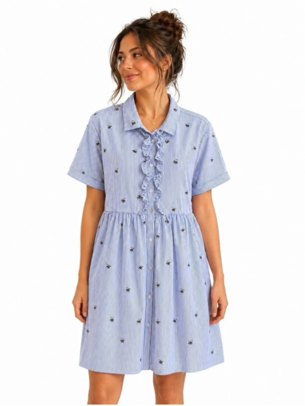 Kate Spade 🔥 Blue Striped Ruffle-Front Shirt Dress W Bumblebee 🐝 Print